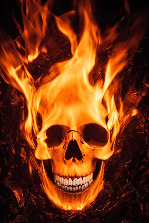 Image similar to photograph of a skull burning while being held up by a skeletal hand photorealistic, hyperdetailed, volumetric light, cinematic, f 8 aperture