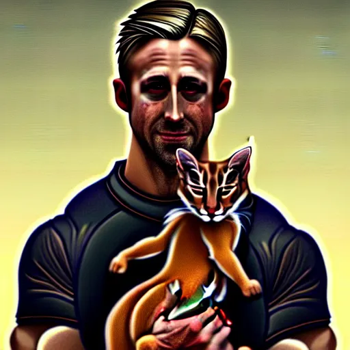 Image similar to Muscular Ryan Gosling holding cute caracal, portrait, sci-fi, fantasy, intricate, elegant, highly detailed, digital painting, artstation, concept art, smooth, sharp focus, illustration, art by artgerm and greg rutkowski and alphonse mucha