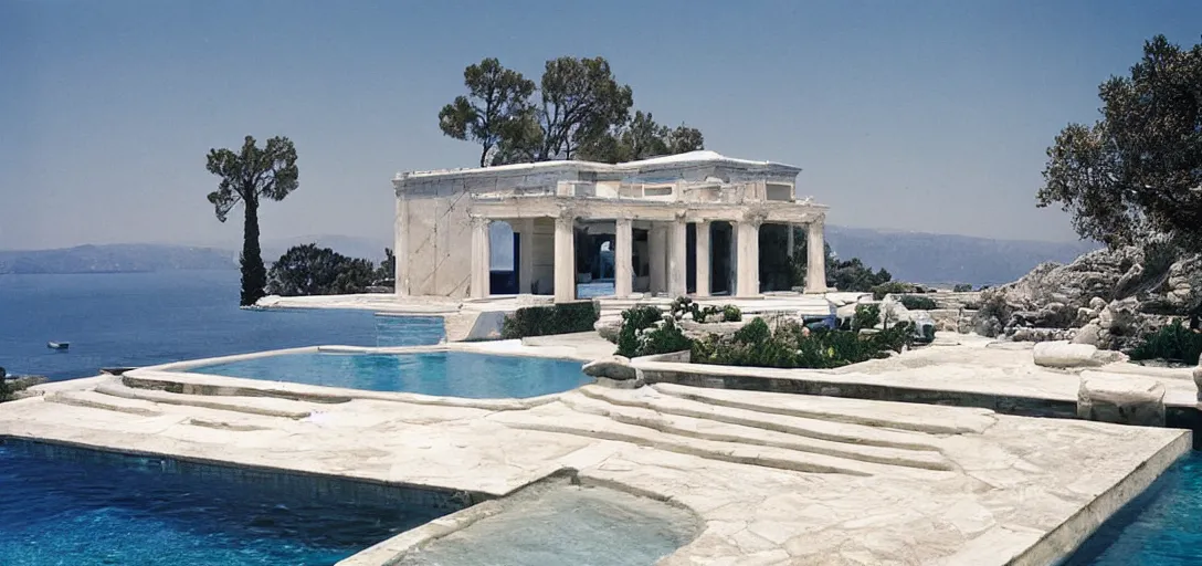 Image similar to greek - inspired marble house designed by ictinus and callicrates in california. photographed in 1 9 7 2. man swimming in pool.