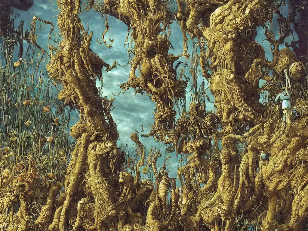 Image similar to Crowd gathered around a giant, oversized, giant, ferocious Springtail. The world of Nausicaa of the Valley of Wind. Painting by Ernst Haeckel, Moebius, Caspar David Friedrich, Roger Dean