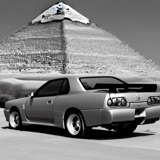 Image similar to vintage photo of nissan skyline r 3 4 near egypt pyramids, grayscale, photorealistic, highres