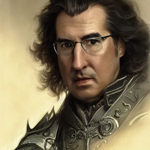 Image similar to portrait of stoic looking john oliver as vigo carpathian, military uniform, fantasy, intricate, elegant, highly detailed, centered, dark, smokey, charcoal painting, digital painting, artstation, concept art, smooth, sharp focus, illustration, art by artgerm and greg rutkowski and alphonse mucha