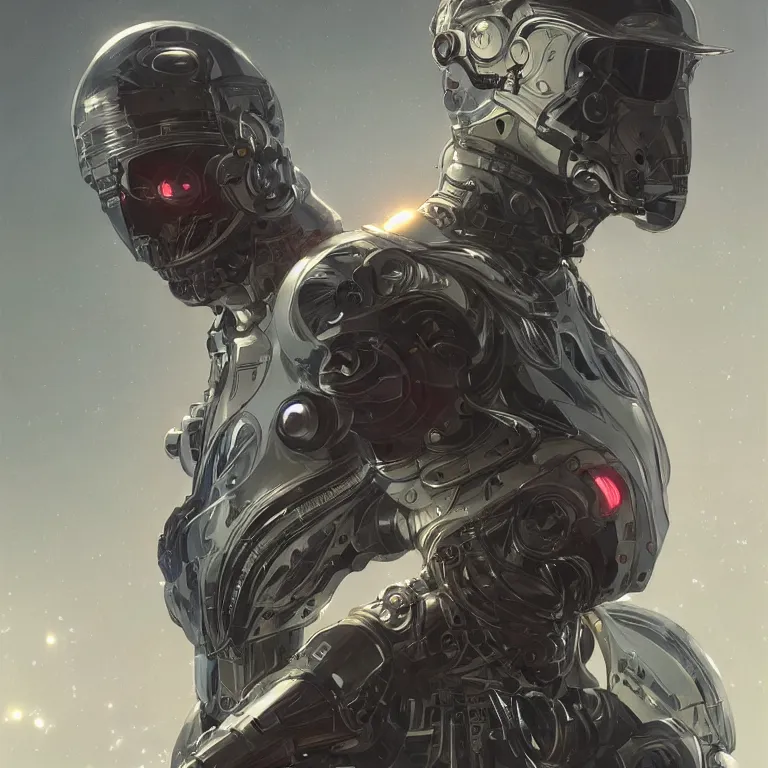 Prompt: symmetry, portrait of cyborg, sci - fi armour, tech wear, cables, glowing lights, sci - fi, intricate, elegant, highly detailed, digital painting, artstation, concept art, smooth, sharp focus, illustration, art by artgerm and greg rutkowski and alphonse mucha