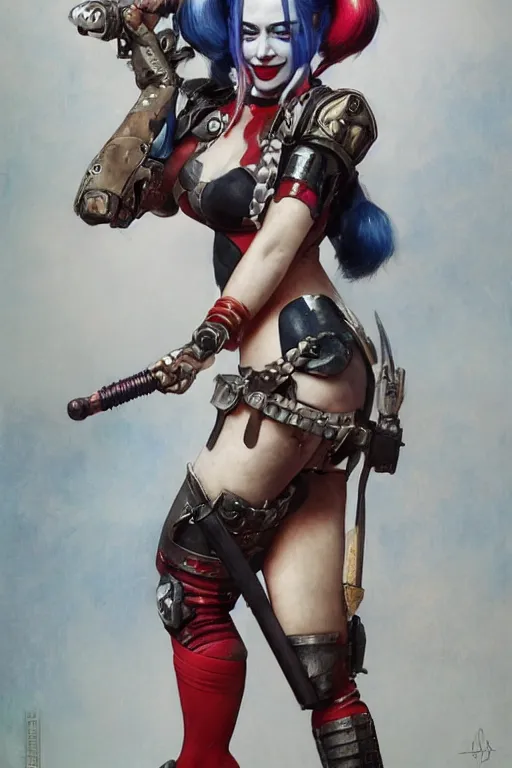Image similar to a portrait of Harley Quinn in bikini armor, Warhammer 40000, cyberpunk, intricate, elegant, highly detailed, digital painting, trending on artstation, concept art, smooth, sharp focus, illustration, art by Ruan Jia and Mandy Jurgens and Artgerm and william-adolphe bouguereau and greg rutkowski and alphonse mucha