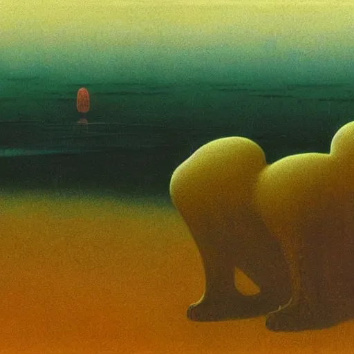 Prompt: new strange animals are coming down from the sky, a painting by Zdzisław Beksiński and Studio Ghibli