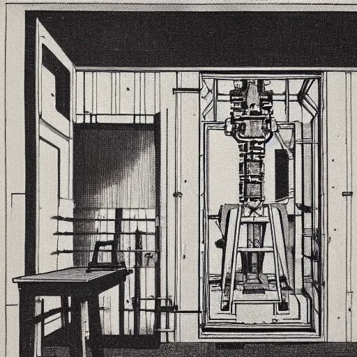 Image similar to A beautiful print of a giant machine with a human being inside of it. de stijl by Isaac Levitan forbidding