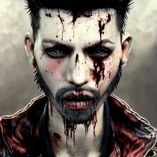 Image similar to portrait painting of a sneering biker with pale skin and spiky hair and a patchy beard and blood stains on his mouth, sharp focus, ultra realistic, concept art, intricate details, eerie, highly detailed, photorealistic, octane render, 8 k, unreal engine. art by artgerm and charlie bowater and greg rutkowski