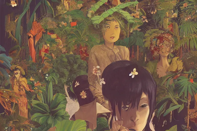 Prompt: 2 d gouache illustration, a lot of exotic vegetation, trees, many many many human heads, flowers, oldschool vintage sci - fi flat surreal design, super - detailed, painting by satoshi kon, hd, 4 k, high quality