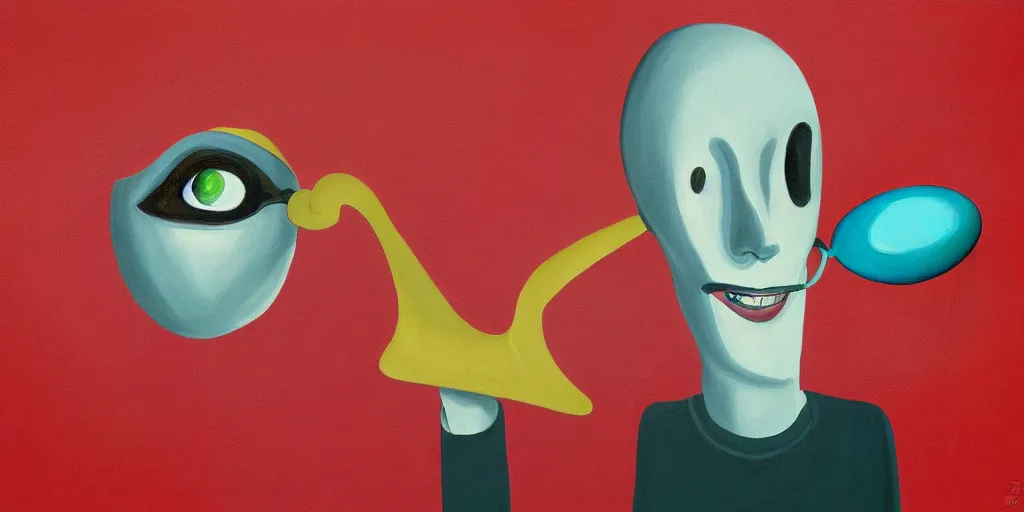 Image similar to surreal painting illustration of a humanized spoon with eyes and a smile