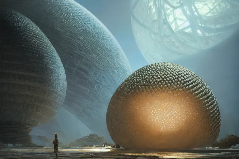 Image similar to A very highly detailed dyson sphere next to a very tiny and very highly detailed smooth Earth concept art by Greg Rutkowski, neofuturistic highly detailed, digital concept art, Dimensional cyan gold natural light, sharp focus, realistic concept art by Stephen Hickman and James Gurney and Hiromasa Ogura rendered in Octane Render, From the distance