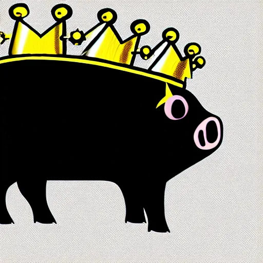 Image similar to side view of a smiling pig wearing a gold crown on it's head black and white illustration concept art in the style of Arthur Adams, full body 8k