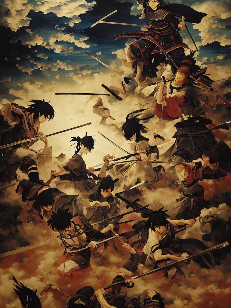 Prompt: baroque oil painting of key visual large scale samurai battle, brutalist fantasy, rule of thirds golden ratio, fake detail, trending pixiv fanbox, acrylic palette knife, style of makoto shinkai ghibli takashi takeuchi yoshiyuki sadamoto jamie wyeth james gilleard greg rutkowski chiho aoshima