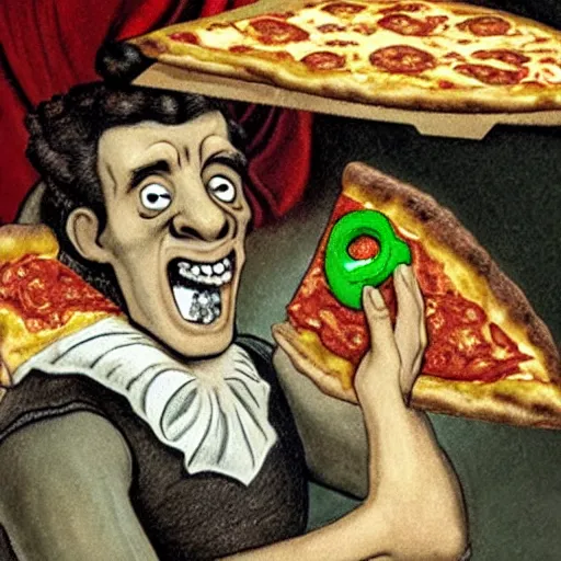 Image similar to frankenstein eating a slice of pizza with his mouth wide open