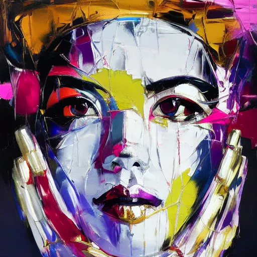 Image similar to portrait of geisha, silver and gold by francoise nielly
