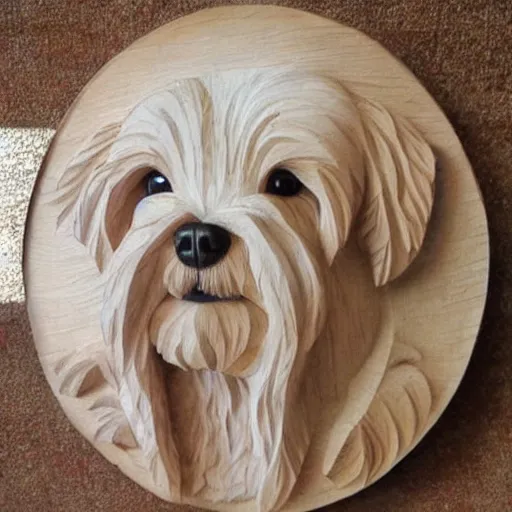 Image similar to wood carving of maltese terrier details, photo