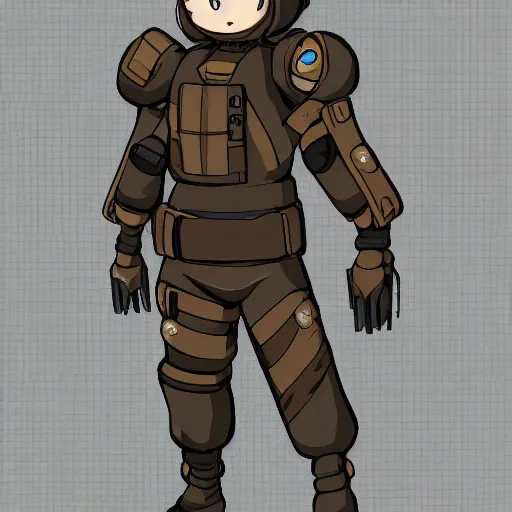 Image similar to Anime military bombsuit protagonist with light brown hair and brown eyes, Key Still, character design, full body shot