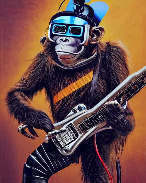 Prompt: a portrait of an anthropomorphic cyberpunk monkey in a leather helmet shredding an electric guitar by sandra chevrier, by jon foster, detailed render, tape deck, epic composition, cybernetics, 4 k realistic, cryengine, realistic shaded lighting, sharp focus, masterpiece, by enki bilal