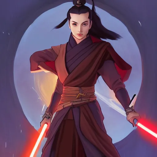 Prompt: Portrait of Azula wearing Jedi robes, Legend of Korra, Avatar the Last Airbender, Star Wars, intricate, elegant, highly detailed, digital painting, artstation, concept art, smooth, sharp focus, illustration, art by artgerm and greg rutkowski and alphonse mucha and andrei riabovitchev