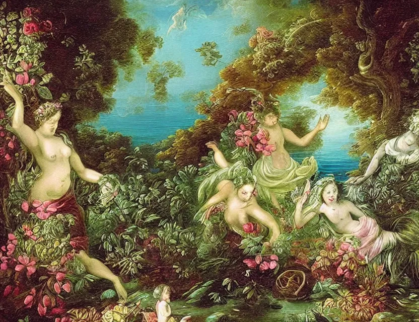 Prompt: ocean spirit lost in a garden. this rococo and art noveau painting by the award - winning artist has dramatic lighting, an interesting color scheme.