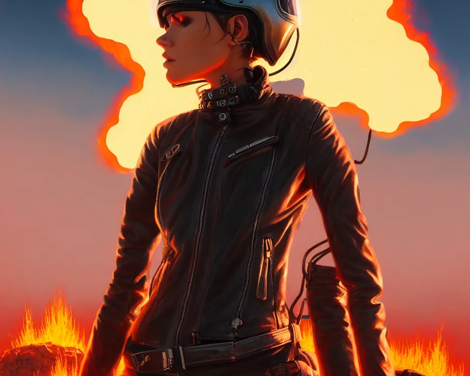 Image similar to a ultradetailed beautiful panting of post apocalyptic woman biker in leather jacket with helmet in front of burning desert, by ilya kuvshinov, greg rutkowski and makoto shinkai, trending on artstation