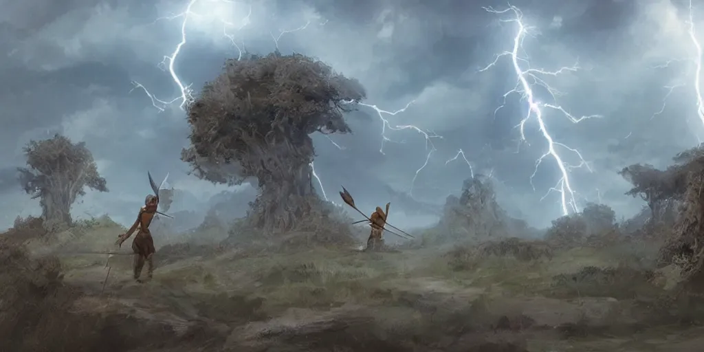 Prompt: lighting strike\'s archers arrow in the sky , fantasy world, realistic, sci-fi, landscape, character design, concept art,