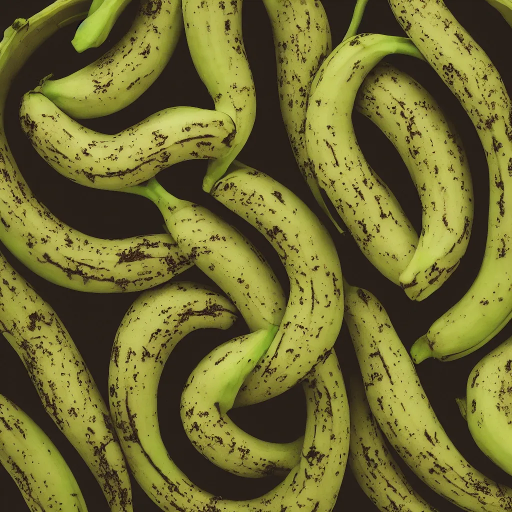 Image similar to very ripe looped bananas like a complex fractal, cracked, vegetable foliage, art nouveau fractal with petal shape, and stems, mesh roots, hyper real, food photography, high quality