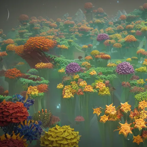 Image similar to an epic flowering alien landscape in the style of origami, 8 k, cinematic light, artstation