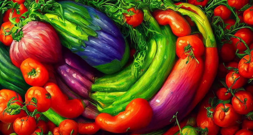 Image similar to a beautiful painting of a anamorphic vegetable, gigantic, octane render, brilliantly coloured, intricate, ultra wide angle, trending on artstation, 8k