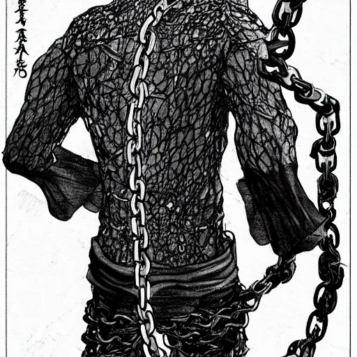 Image similar to A FULL BODY PORTRAIT FROM BEHIND OF TAKEZO FROM MANGA VAGABOND ,THE MAN KEEPS A KUSARIGAMA AND IT IS WRAPPED IN CHAINS ,detailed, concept art, ink style , sketch