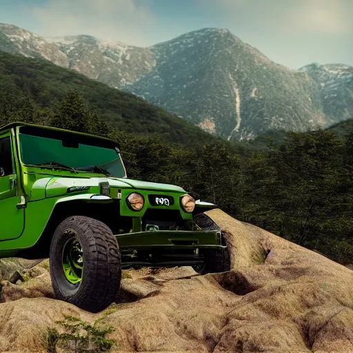 Image similar to closeup of a green Toyota Fj43 build in 1981, traveling through the mountains 8K, octane render, 8K,