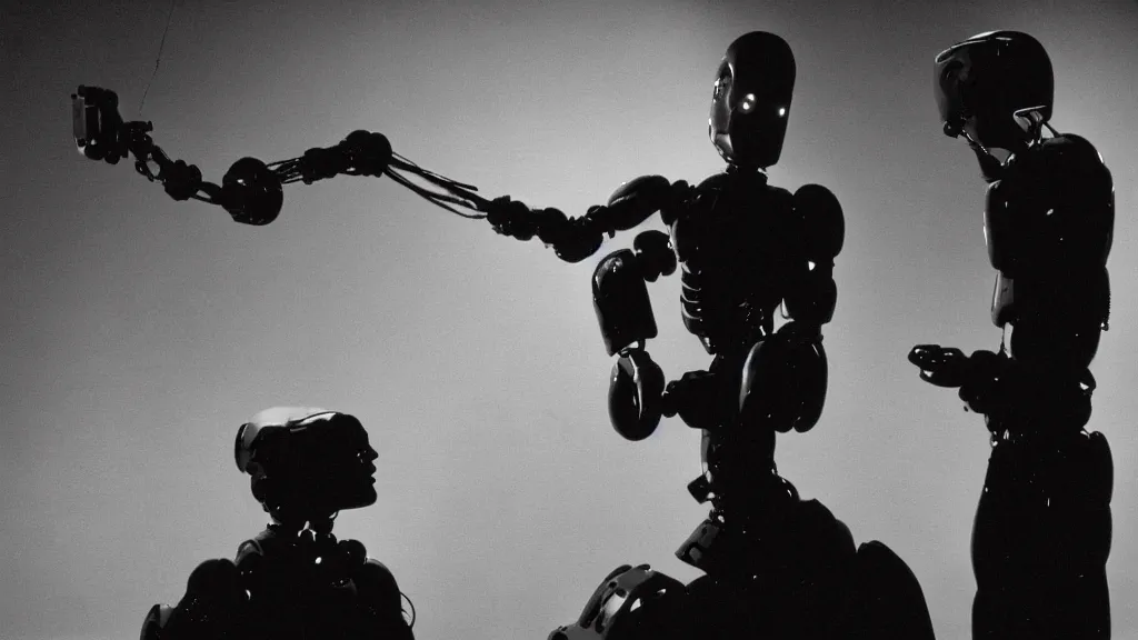 Image similar to movie scene of a man and a robot having a moment of jealousy, movie still, cinematic composition, cinematic light, by david lynch and andrzej zuławski