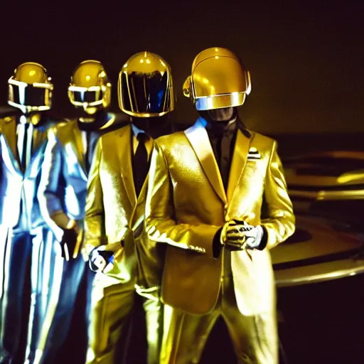 Prompt: a photo of a parade of people dressed in Daft Punk Helmets and Daft Punk Suits, 8k, dramatic lighting