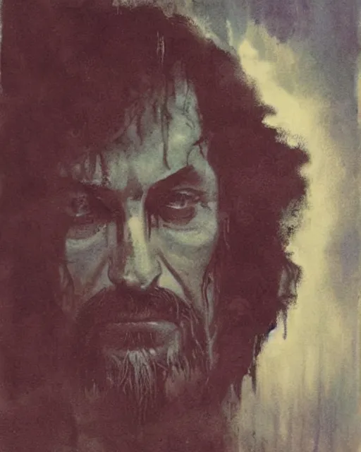 Image similar to a beautiful but sinister man in layers of fear, with haunted eyes and wild hair, 1 9 7 0 s, seventies, woodland, a little blood, moonlight showing injuries, delicate embellishments, painterly, offset printing technique, by brom, robert henri, walter popp