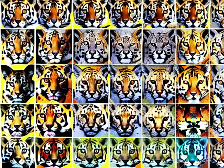 Image similar to multiple, side by side, portrait of different felidae, tiger, lynx, serval, cougar, ocelot, caracal, puma, leopard, panther, jaguar, highly detailed, digital art