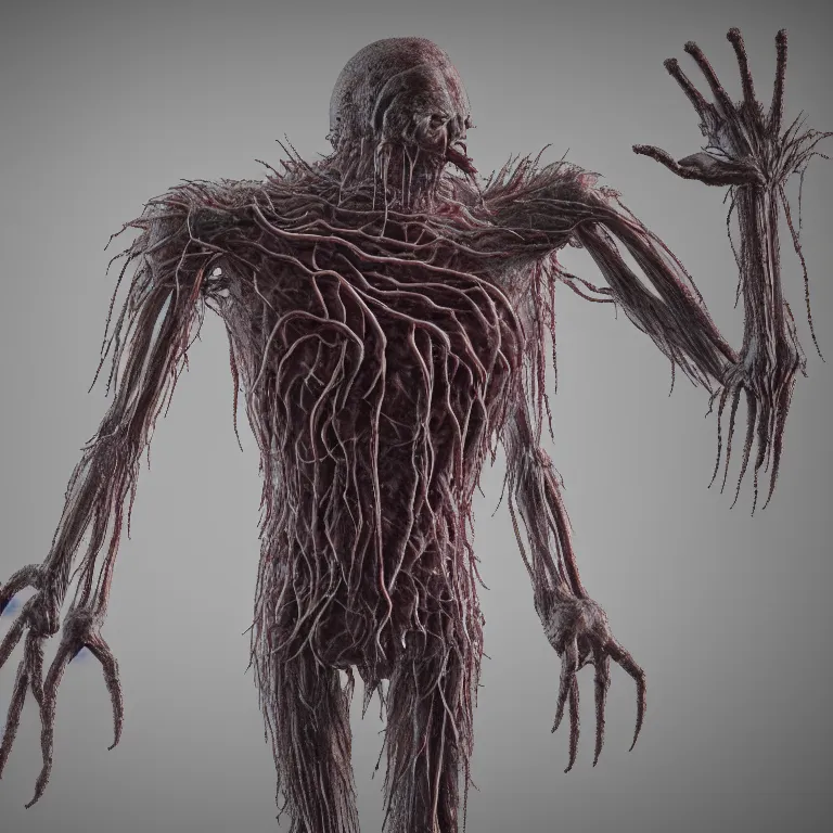 Prompt: creature made out of a humanoid nervous system with large meaty spikes all over the body, cinematic, volumetric lighting, f 8 aperture, cinematic eastman 5 3 8 4 film, photorealistic
