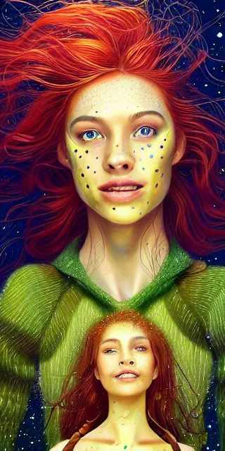 Prompt: infp young woman, smiling amazed, golden fireflies lights, sitting in the midst of nature fully covered, long loose red hair, intricate linework, bright accurate green eyes, small nose with freckles, oval shape face, realistic, expressive emotions, dramatic lights spiritual scene, hyper realistic art by michael cheval, jessica rossier, boris vallejo