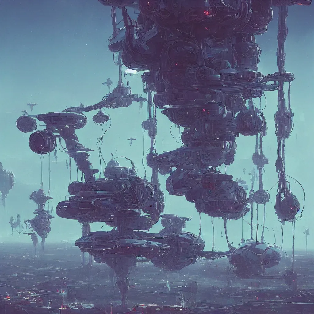 Image similar to mechanical starship with long tendrils, lots of hanging cables and wires, messy cords, sci - fi concept art, by john harris, by simon stalenhag, stunning, award winning