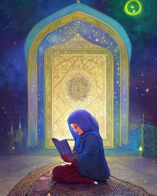 Image similar to bedouin child reading the quran inside of the mosque in the galaxy surrounded by nebula, highly detailed, gold filigree, romantic storybook fantasy, soft cinematic lighting, award, disney concept art watercolor illustration by mandy jurgens and alphonse mucha and alena aenami, pastel color palette, featured on artstation