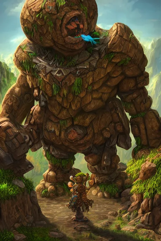 Image similar to zelda fantasy art giant golem troll wood rock greeble gemstone, global illumination ray tracing hdr fanart arstation by sung choi and eric pfeiffer and gabriel garza and casper konefal