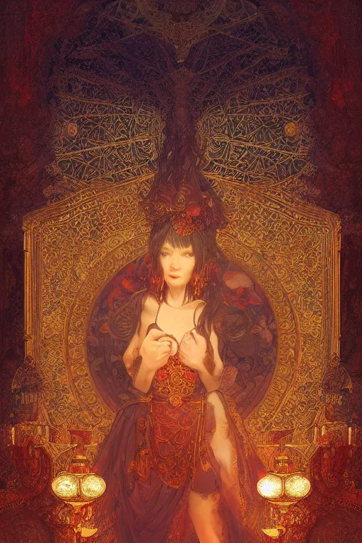 Prompt: tarot card artstation, portrait of a tarot card reader, sunrise, baroque ornament and rococo ornament, ancient chinese ornate, hyperdetailed, beautiful lighting, craig mullins, mucha, klimt, yoshitaka amano, red and gold and orange color palatte