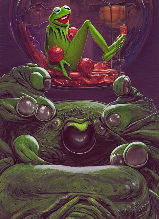 Prompt: portrait of Kermit the frog in The Blob (1988), highly detailed, centered, solid color background, digital painting, artstation, concept art, smooth, sharp focus, illustration, artgerm, donato giancola, Joseph Christian Leyendecker, Les Edwards, Ed Repka, WLOP, Artgerm