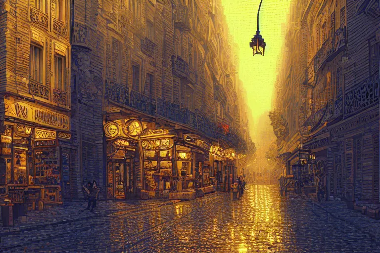 Image similar to a city street in paris under the dark sun, beautiful detailed pixelart by albertov, intricate details, beautiful, dithered gradients, volumetric lighting, cgsociety, artstation, smooth, sharp focus, 2 d illustration, amazing art by dan mumford