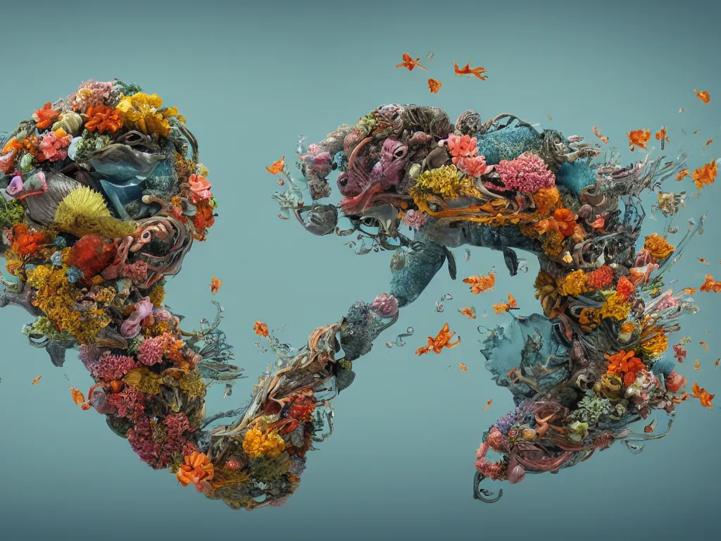 Prompt: a sculpture of fish ocean intertwined, a lovely cornucopia of flowers and human body parts, body parts, highly detailed, octane render, cinematic, shock, sharp focus, annular