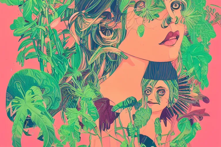 Image similar to gigantic girl faces, tiny robots, a lot of exotic vegetation around, risograph!, colorful flat surreal design, super - detailed, a lot of tiny details, fullshot, by luigi serafini