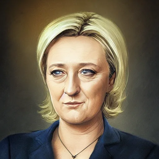 Image similar to Portrait of Marine le Pen , french revolution, amazing splashscreen artwork, splash art, head slightly tilted, natural light, elegant, intricate, fantasy, atmospheric lighting, cinematic, matte painting, detailed face, by Greg rutkowski