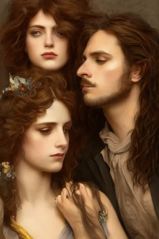 Image similar to a portrait of handsome young male rock star with long hair and his elegant beautiful bohemian wife, bored, illustration, dramatic lighting, soft details, painting oil on canvas, art nouveau, octane render, HDR, 4k, 8k, HD, by Edmund Blair Leighton, Brom, Charlie Bowater, trending on artstation, faces by Tom Bagshaw, Sargent