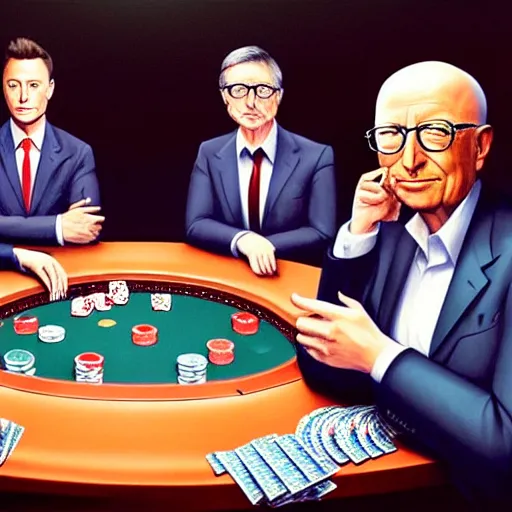 Image similar to UHD photorealistic Elon Musk playing poker with Satoshi Nakamoto, Klaus Schwab, and Bill Gates, hyperrealistic, correct details, studio lighting, symmetrical faces, accurate faces, by Greg Rutkowski