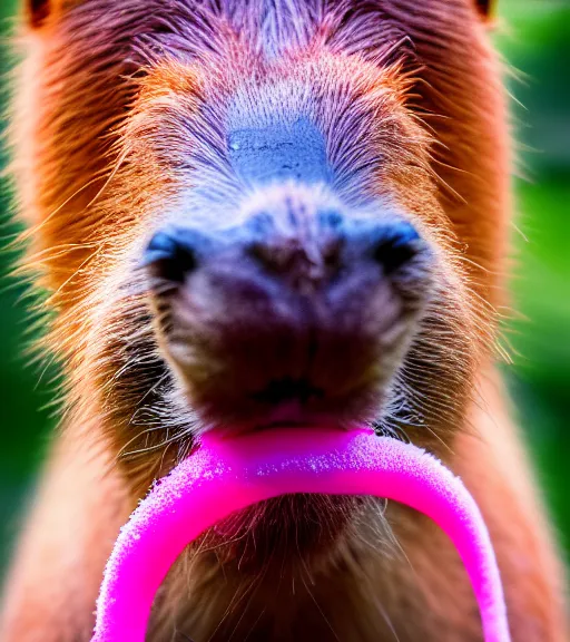 Image similar to award winning 5 5 mm close up portrait color photo of a capybara with pink slime oozing out of its nose, in a park by luis royo. soft light. sony a 7 r iv