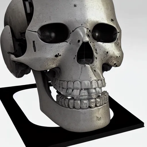Image similar to a destroyed skull of a robot, made with scuffed brushed metal, missing parts, wires, on display, on a museum pedestal, redshift render, by Victor Hugo, greeble