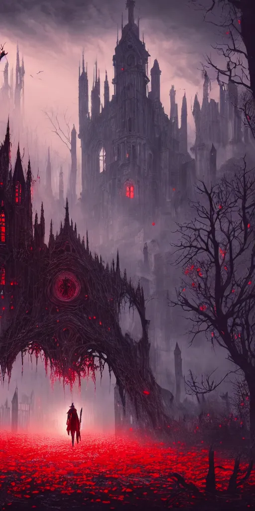 Image similar to abandoned bloodborne old valley with a person at the centre and a ruined gothic city at the end with a big castle, trees and stars in the background, falling red petals, epic red - orange moonlight, perfect lightning, wallpaper illustration by niko delort and kentaro miura, 4 k, ultra realistic